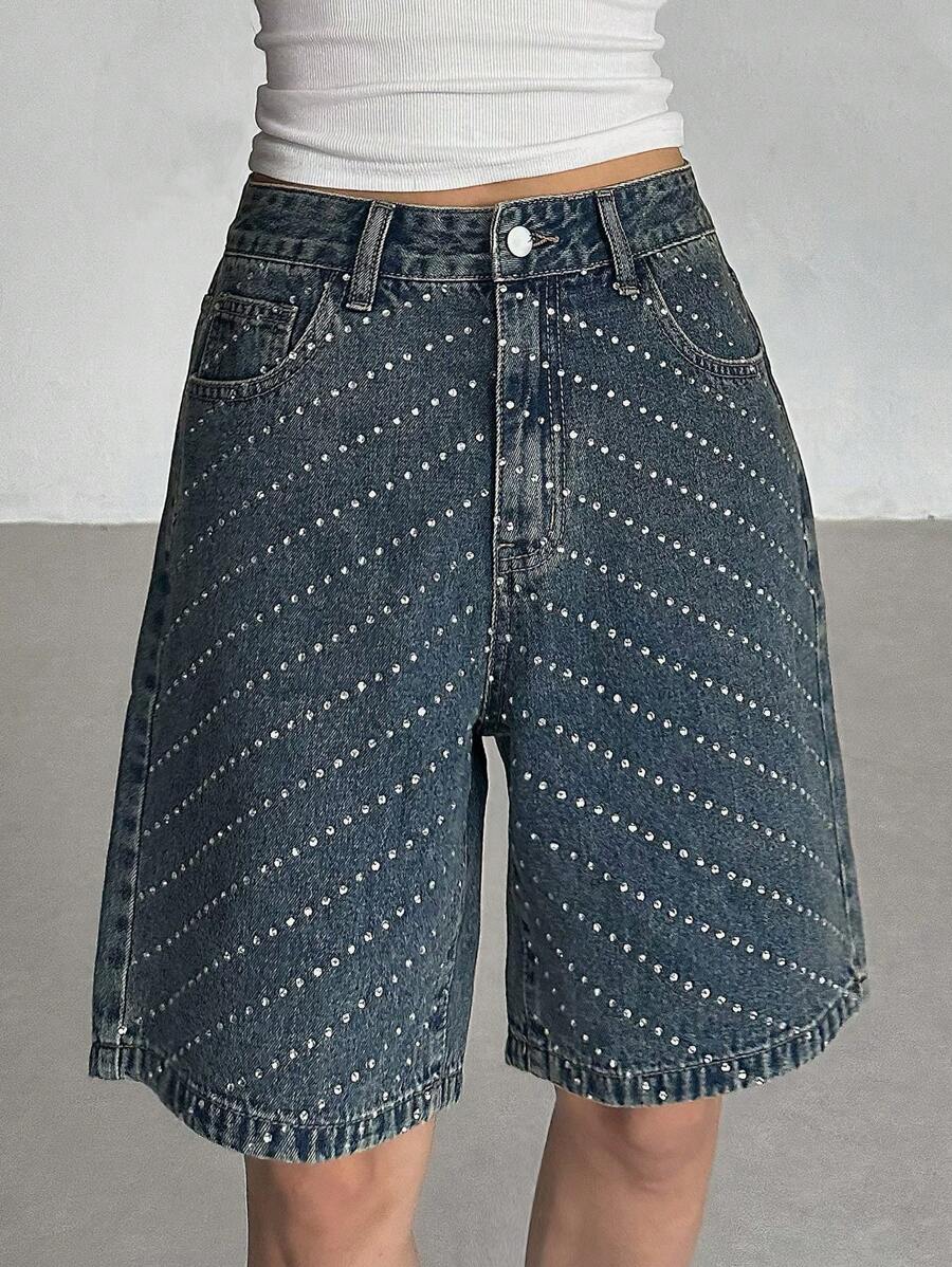 DAZY 女士夏季水钻装饰休闲宽松直筒七分牛仔短裤亮片 - 深色水洗藍 - 查看 1