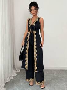 Selianne 2 件套女士夏季 V 领蝴蝶结无袖花卉蕾丝边长上衣和阔腿裤 - 黑色 - 查看 4