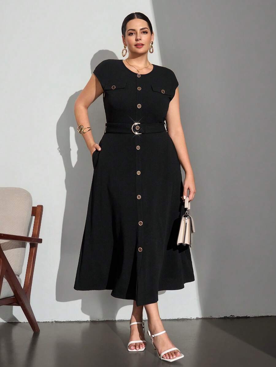 Chikora 大码女式圆领高腰金属扣连衣裙，新娘妈妈连衣裙，夏季，时尚夏季 - 黑色 - 查看 1