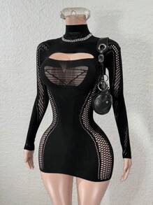 Mistrie Fashionable Sexy Solid Color Hollow Out Fitted Mini Dress Fall Cloth For Women - Black - View 3