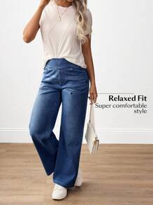 Flexra Women Casual Comfortable High Waist Elastic Waist Side Pockets Loose Wide Leg Jeans