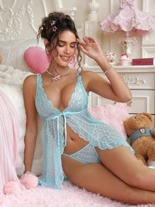 PetitDoll 2pcs Romantic French Pink Lace Polka Dot Ruffle Hem Sexy Slit Skirt Set - Mint Green - View 5
