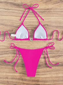 Swim Vcay Women's Solid Color Simple Daily Halter Neck Swimwear Set For Summer Beach Vacation - Hot Pink - View 2