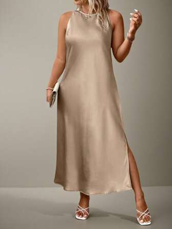 Flouryn Plus Size Casual Solid Color Sleeveless Side Slit Dress Maxi Satin Women Outfit