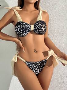 SHEIN Swim 3 PiecesLeopard Print Patchwork Tie-Bow Swimwear Set For Women, Summer - Multicolor - View 3