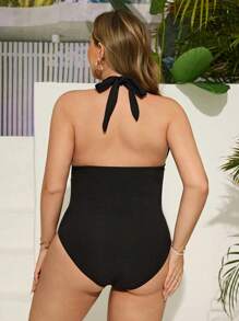 Swim Lushoire Maillot de bain une-pièce sexy à dos nu, col en V profond et plissé pour femmes grandes tailles, convient pour les fêtes à la plage