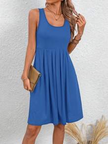 SHEIN LUNE 女士圆领褶皱优雅迷人时尚连衣裙 - 寶藍色 - 查看 4