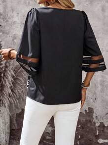 SHEIN LUNE 女式度假衬衫 女式海滩装 女式商务休闲装 女式外出上衣 女式乡村音乐会外出上衣 女式夏装 可爱夏季上衣 女式夏季上衣 女式V领衬衫 女式花卉印花衬衫 透明袖上衣 女式黑白上衣 - 黑色 - 查看 2