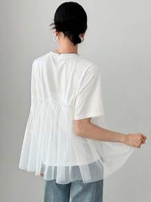 FRIFUL 女士宽松圆领网眼拼布大下摆纯色T恤 - 白色 - 查看 4