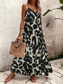 Breezaya 女士豹纹无袖连衣裙，休闲度假长裙，度假海滩装 - 軍綠色 - 查看 7