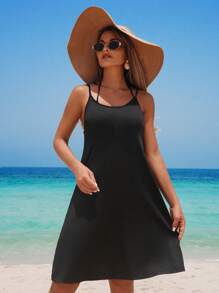 Swim Lushoire Women's Summer Beach Vacation Spaghetti Strap Hollow Back Waist Trim Dress With Coverup - Black - View 4