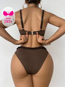 Swim DD+ Women's Summer Beach Vacation Ruffled Edge Underwire Push-Up Bikini Set - Brown - View 2