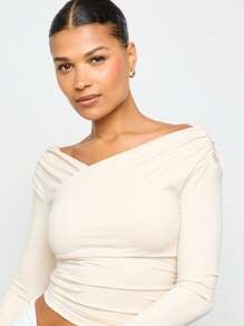 AiiRZ 露肩长袖短款上衣，侧面褶皱设计，现代当代芭蕾舞灵感，优雅修身，秋冬时尚必备 - 杏色 - 查看 4