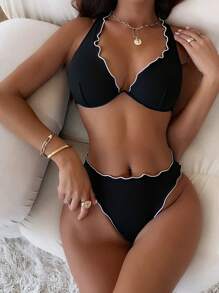 SHEIN 女士黑色金属边饰打结可爱荷叶边白色滚边休闲沙滩比基尼套装，女士分体泳衣，夏季 - 黑色 - 查看 1