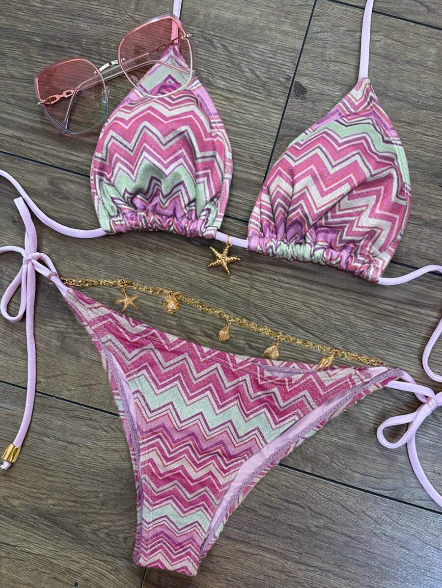 Swim Vcay Set bikini elegant și dulce pentru femei, în culori gradient, roz ondulat, pentru vacanță, vară