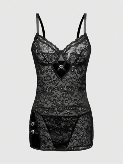 Dark Gothic Lace Heart Metallic Buckle Sexy Sleepwear And G-String Set