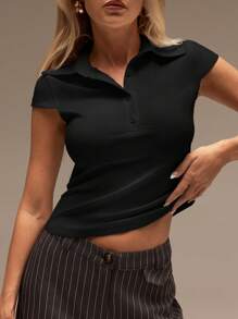 SHEIN Forever 21 春夏女装情人节/休闲/复古/节日/乡村音乐会/早午餐/返校基础款/狂欢节/节日/正式/西部/俱乐部/可爱/外出/度假/办公室/机场/街头/白色短袖半开襟T恤校服