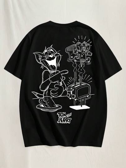 TOM & JERRY X SHEIN 男女款休闲修身卡通黑白卡通图案短袖T恤