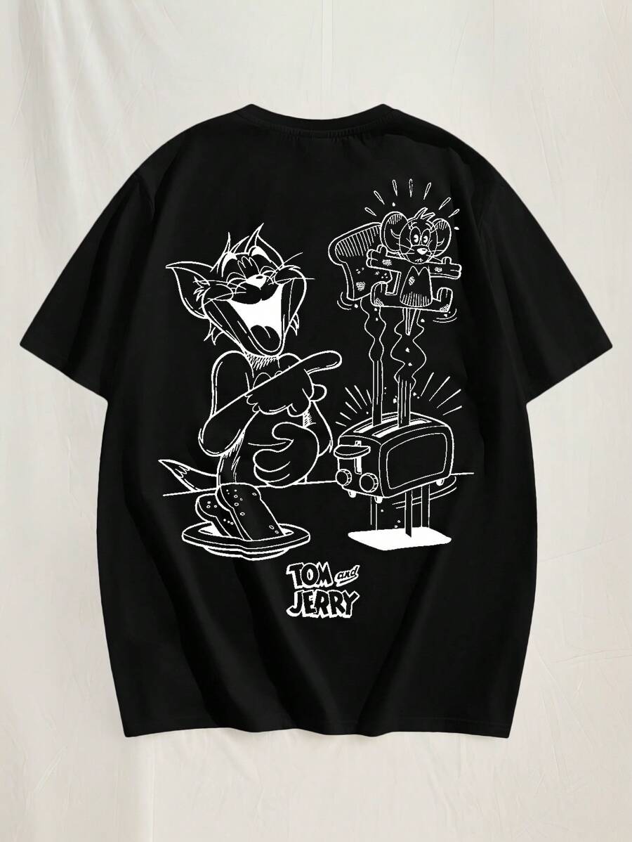TOM & JERRY X SHEIN 男女款休闲修身卡通黑白卡通图案短袖T恤