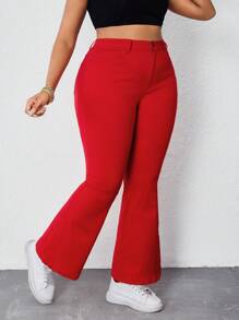 SHEIN ICON Jeans acampanados con botones de unicolor para mujer de talla grande - Rojo - Ver 4