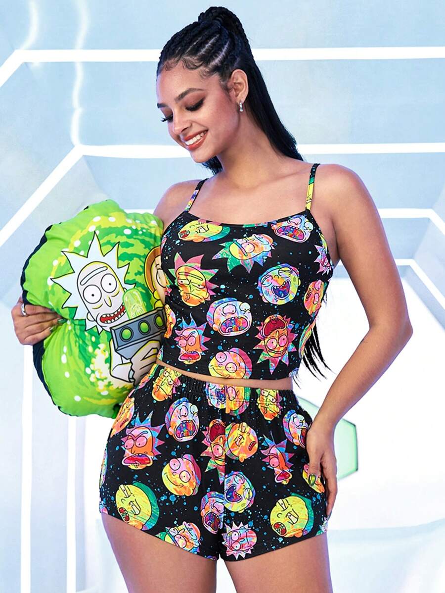 Rick and Morty X SHEIN Completo pigiama da donna con canottiera e pantaloncini corti, nero, multicolore, motivo graffiti, motivo, motivo cartone animato, casual, versatile, estivo