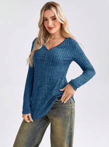 SHEIN LUNE Camiseta De Mujer A Rayas De Piqué De Color Liso Con Escote Con Botones
