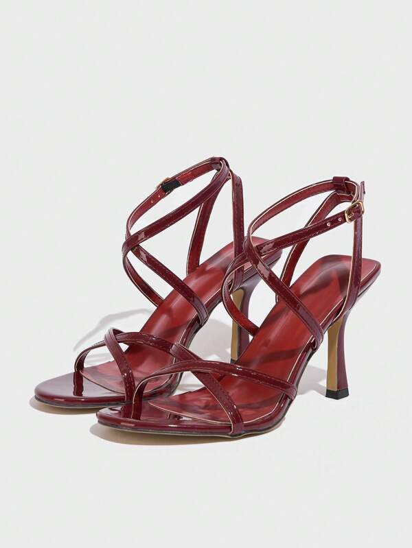 CUCCOO SZL Sandalias de tacón alto de mujer con puntera puntiaguda, de piel de patente PU sexy, con tiras cruzadas, hebilla, estilo romano de fiesta y tacón fino