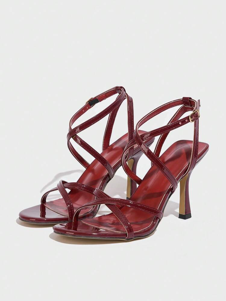 CUCCOO SZL Women's Pointed Toe Sexy Patent PU Leather Criss-Cross Strap Buckle Roman Party Style Thin Heel High Heel Sandals For Christmas Spring Shoes Prom Heels