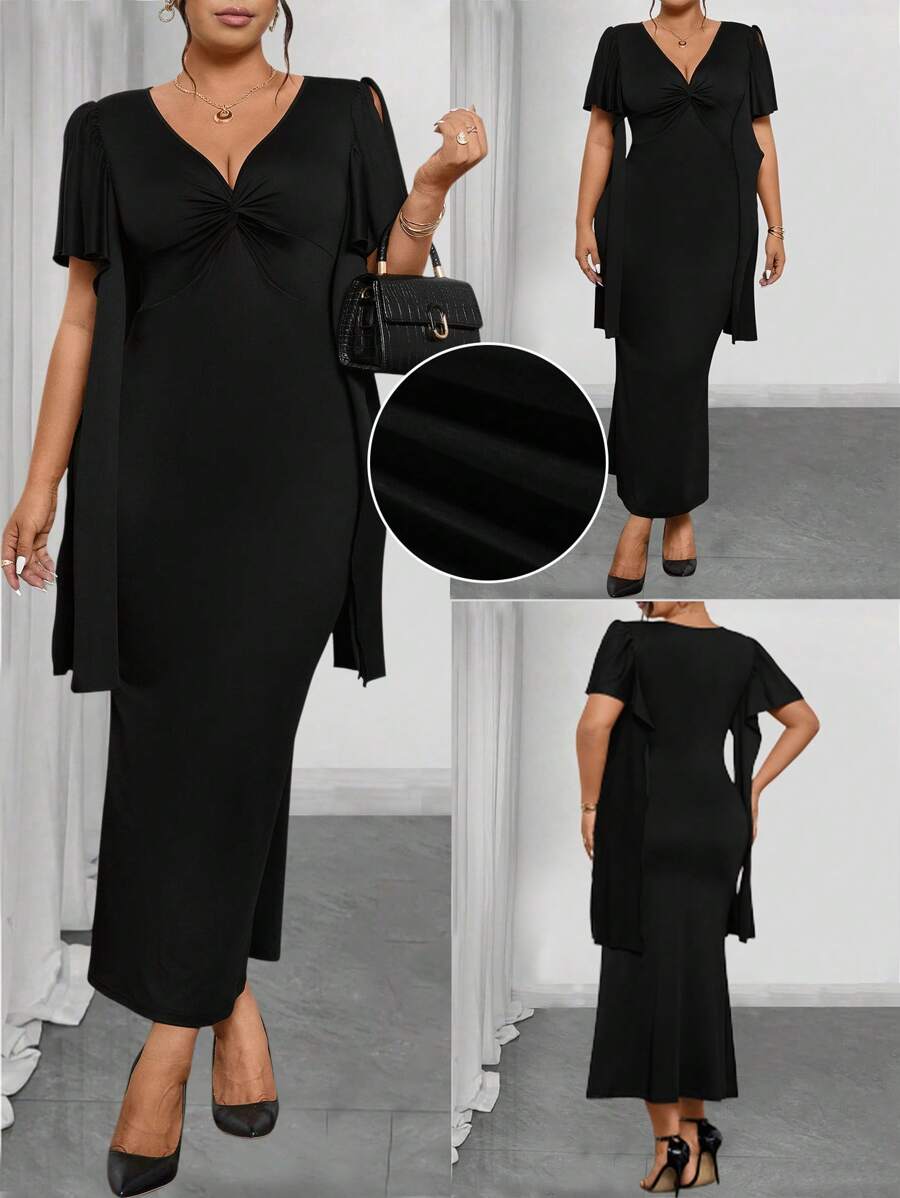 Elenzga Vestido de manga corta de unicolor y minimalista para mujer de talla grande - Negro - Ver 1