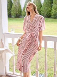 Dream Adore Striped Heart & Bubble Print Long Robe For Women