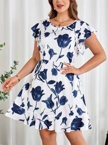 SHEIN Clasi 加大码印花短袖V领夏季休闲连衣裙女士连衣裙，女士连衣裙夏季女式碎花连衣裙，女士办公室服装