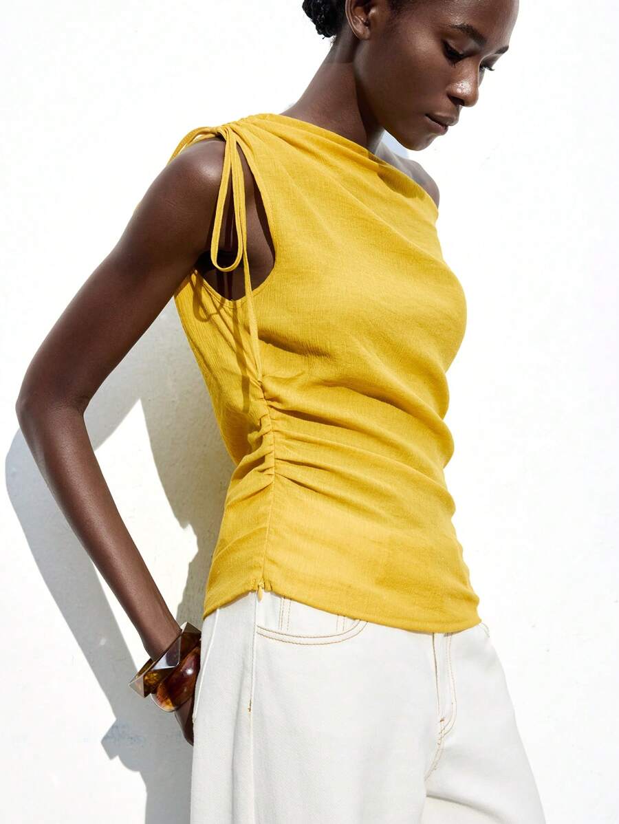 Maija 2025 Autumn/Winter New Yellow Ruched Drawstring Tie Bow Asymmetric Cutout Shoulder Design Sleeveless Blouse, Fashion Casual Elegant Versatile For Business, Party, Beach, Wedding Guest, Everyday, Y2K Retro Style - Yellow - View 1