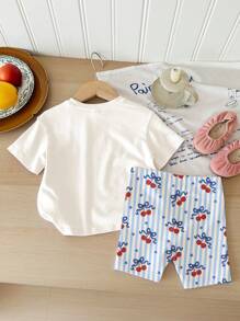 SHEIN 7 月 4 日可爱脸、樱桃、星星和条纹图案年轻女孩休闲宽松短袖圆领 T 恤和短裤两件套服装，夏季 - 彩色 - 查看 2