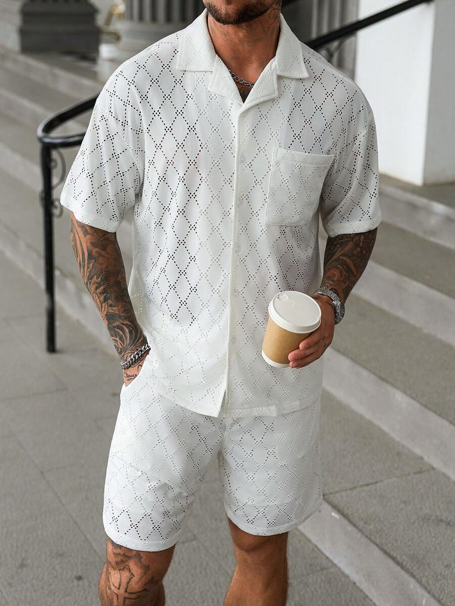Manfinity Homme Men's Solid Color Short Sleeve Shirt With Hollow Embroidered Pocket Shorts Set Men Two Pieces Set Summer Men 2 Pieces Outfits White Men Shirt And Shorts Set Beach Clothes For Men White Cream Crochet Men's Short Set,A Great Gift For A Boyfriend Or Husband. - White - View 1