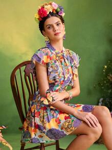 Redefinition Frida Kahlo X SHEIN X Designer Vestido corto de verano para mujeres con impresión floral, cuello anudado, volantes en mangas cortas y falda fruncida - Multicolor - Ver 5