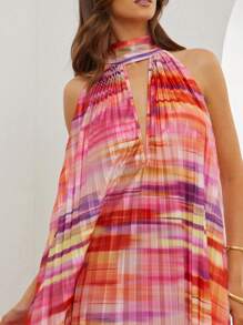 L'Amorae 女士夏季扎染印花深V领挂脖连衣裙 - 紅色 - 查看 5