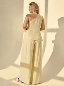Auralis Plus Size Summer Outfits For Women,Elegant Butter Yellow Vacation 2-Piece Set,Holiday Sleeveless Pleated Vest & Casual Pants Beach Lounge Outfits - Yellow - View 2