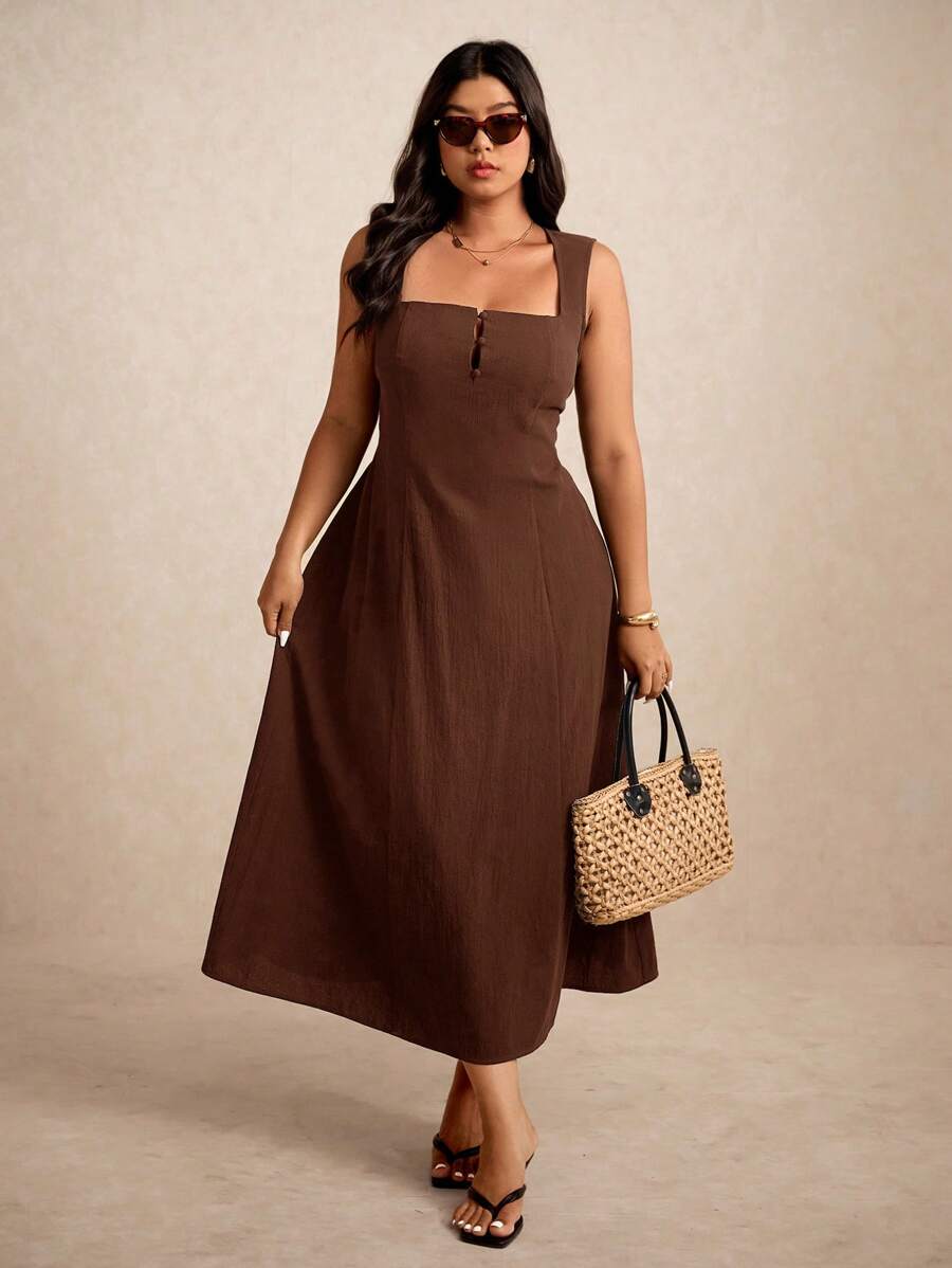 Elaquor Vestido Casual de Mulheres Plus Size com Gola Quadrada, Cintura Marcada e Sem Mangas, Estilo de Férias