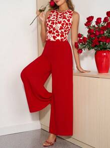 Ellevyn 女士优雅舒适心形印花图案无袖衬衫和阔腿裤两件套，情人节夏季女士连衣裙两件套女士情人节服装 - 彩色 - 查看 3