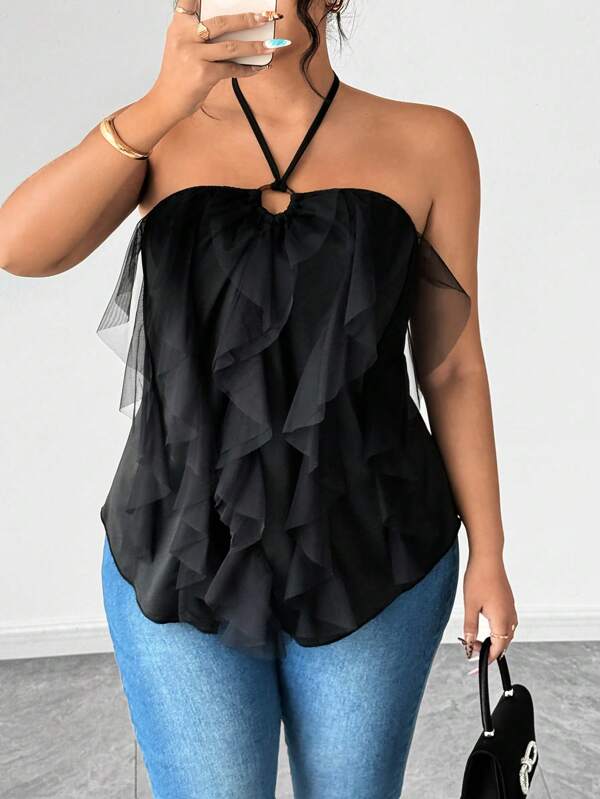 Elenzga Plus Size Women Elegant Knitted Spaghetti Strap Black Net Slip Camisole And Tank Top