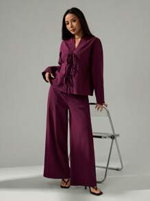 SHEIN PETITE 女士休闲优雅系带衬衫和高腰弹力宽松阔腿裤 2 件套，度假时尚 - 紫色 - 查看 5