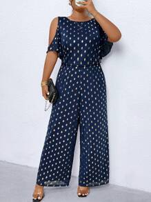 SHEIN LUNE 大码休闲圆领露肩网眼金箔宽松阔腿连体裤，优雅夏季女装 - 藍色 - 查看 1
