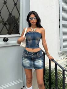 SHEIN ICON 女式牛仔露背短款上衣，带圆孔眼，适合夏季穿着 - 藍色 - 查看 4
