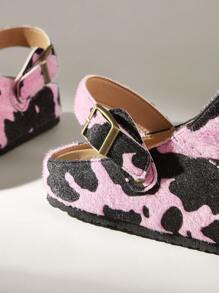 Solecia Women's Adjustable Strap Cow Pattern Flat Slide Sandals For Christmas - Pink - View 5