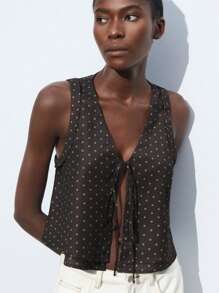 Maija Women's All-Over Print V-Neck Knotted Front Casual Versatile Tank Top, Summer - Brown - View 6