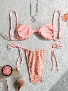 Swim Mod Solid Color Wire-Free Adjustable Strap Top And Side Bowknot Swim Shorts, Women Cute Bikini Set Set For Summer Beach Holiday