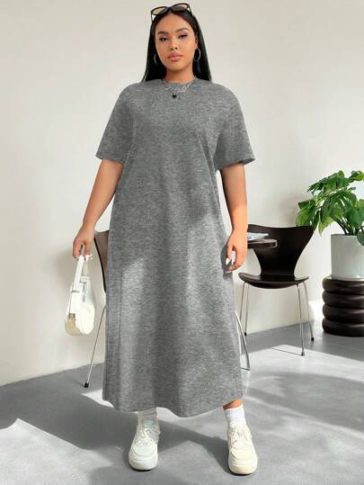 SHEIN EZwear 夏季大码女式休闲纯色落肩宽松T恤连衣裙
