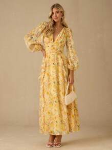 Enchnt 女式花卉印花 V 领灯笼袖褶皱荷叶边下摆优雅连衣裙