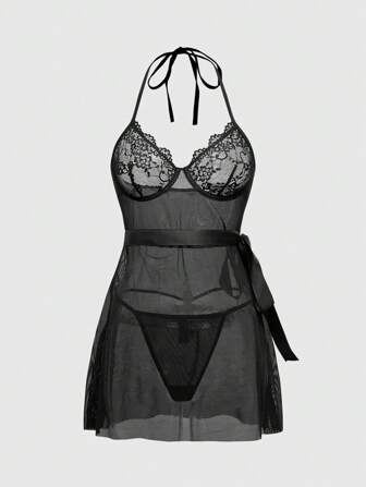 Goth Ensemble de nuisette et string gothique avec ornement de dentelle brodée et maille sexy