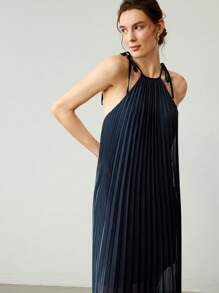 Uhlyne 女士时尚优雅露背褶裥露肩连衣裙 - 藏蓝色 - 查看 4